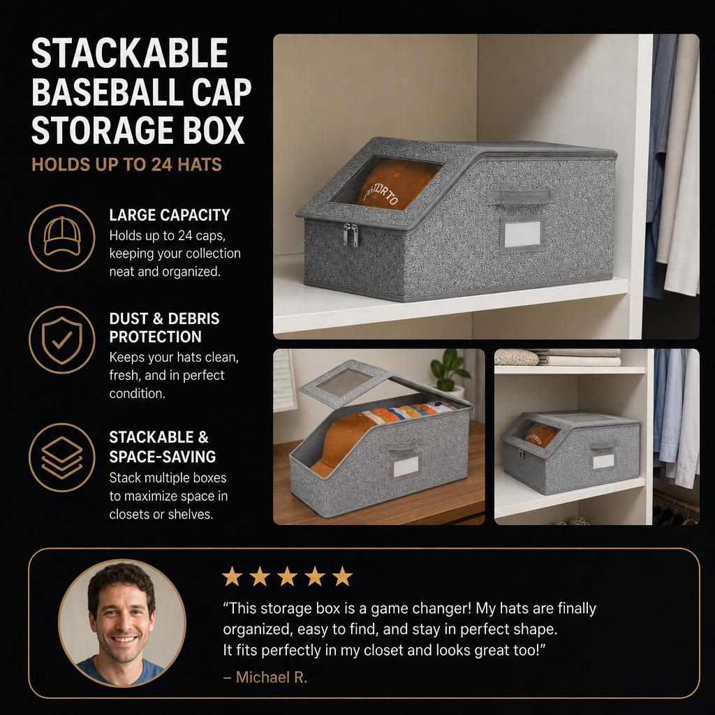 Stackable Baseball Cap Storage Box – Holds Up to 24 Hats