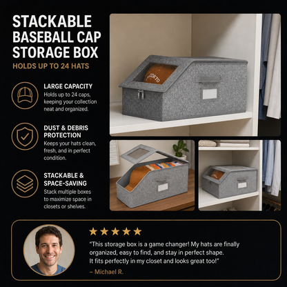 Stackable Baseball Cap Storage Box – Holds Up to 24 Hats