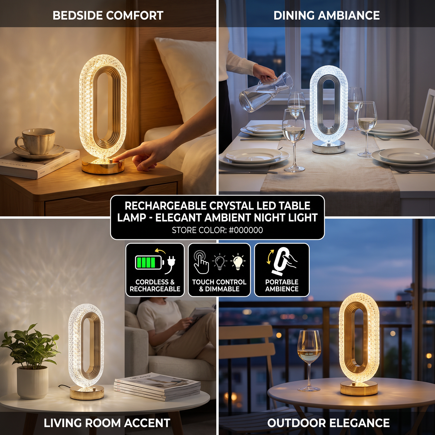 Rechargeable Crystal LED Table Lamp – Elegant Ambient Night Light