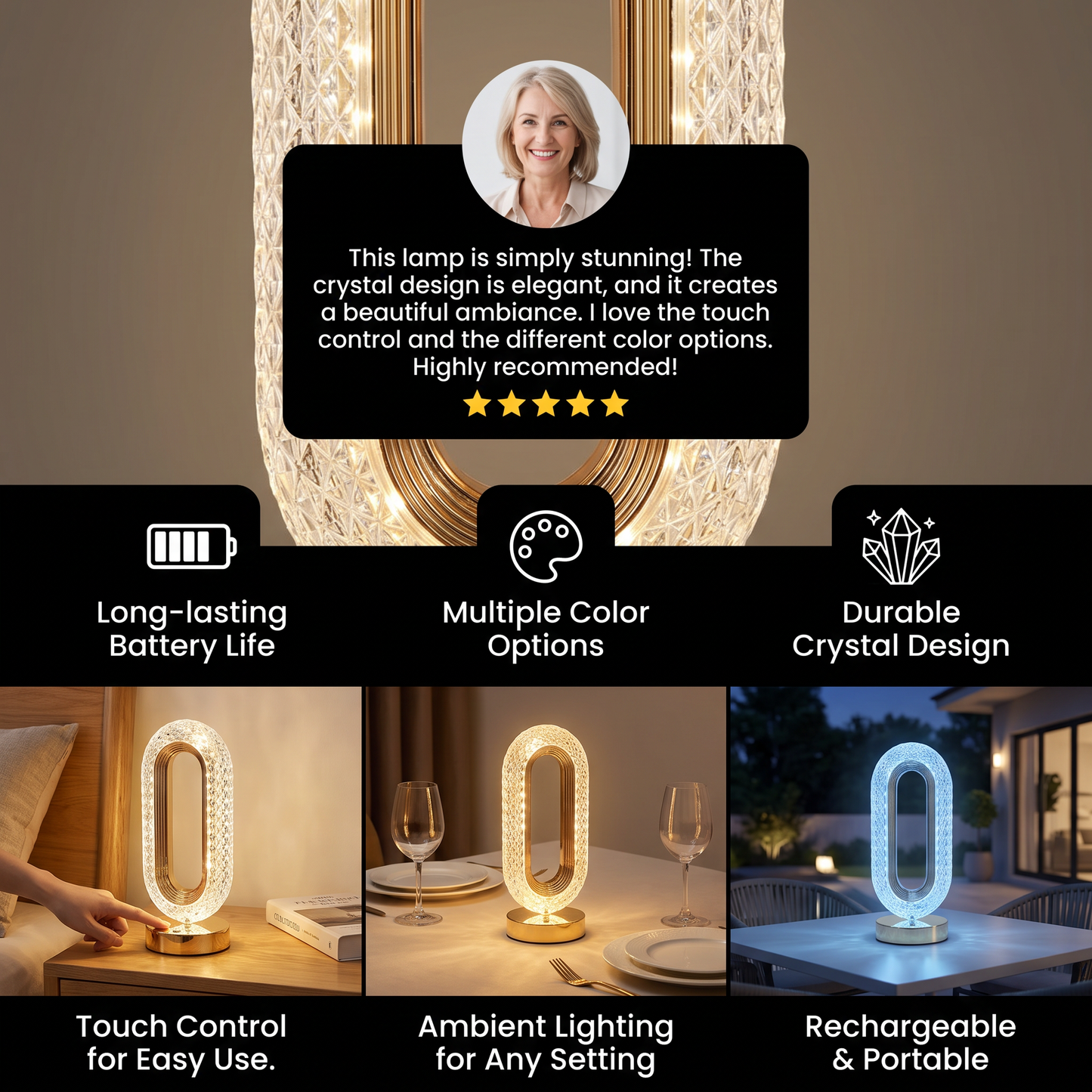 Rechargeable Crystal LED Table Lamp – Elegant Ambient Night Light