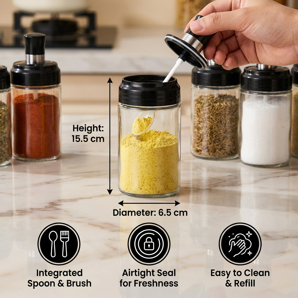 Spice Jar with Spoon & Brush - Practical Kitchen Container with Accessories