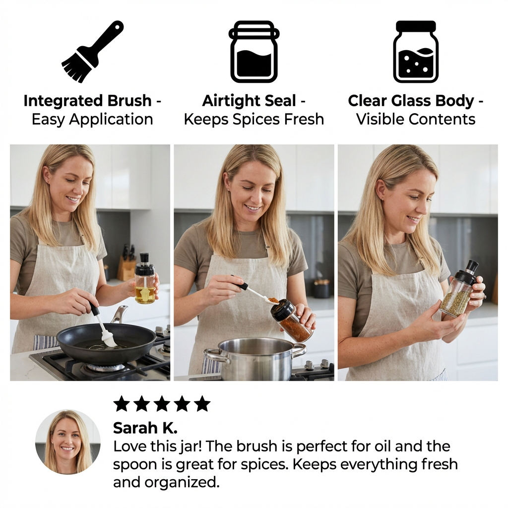 Spice Jar with Spoon & Brush - Practical Kitchen Container with Accessories