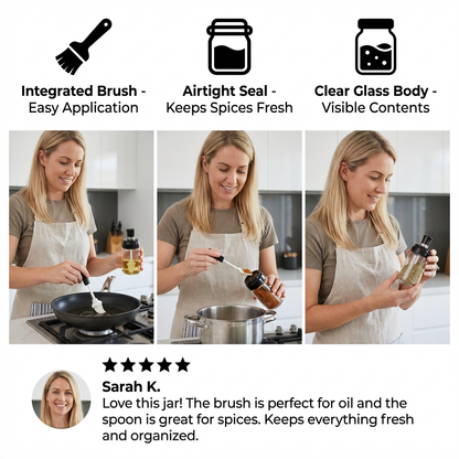 Spice Jar with Spoon & Brush - Practical Kitchen Container with Accessories