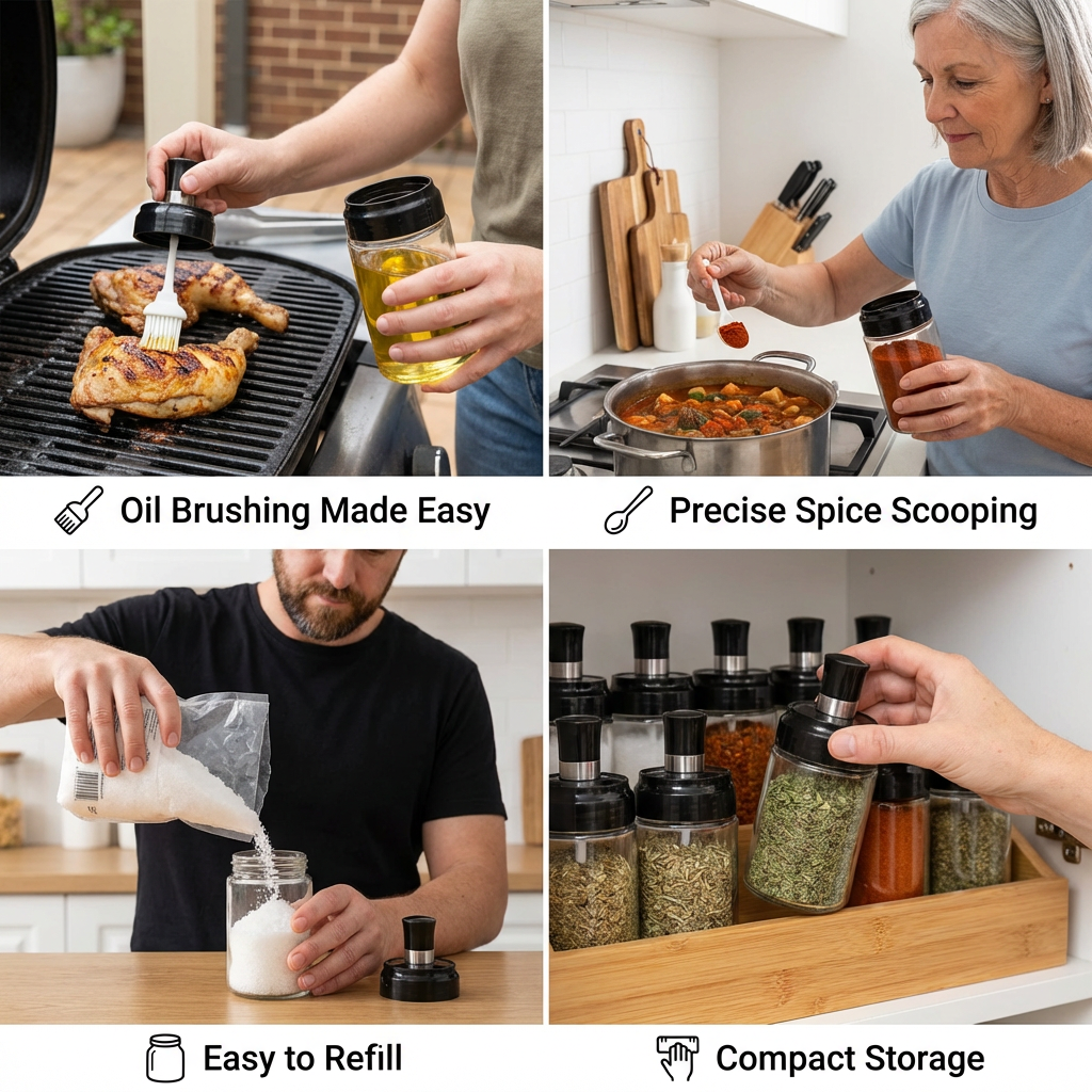 Spice Jar with Spoon & Brush - Practical Kitchen Container with Accessories