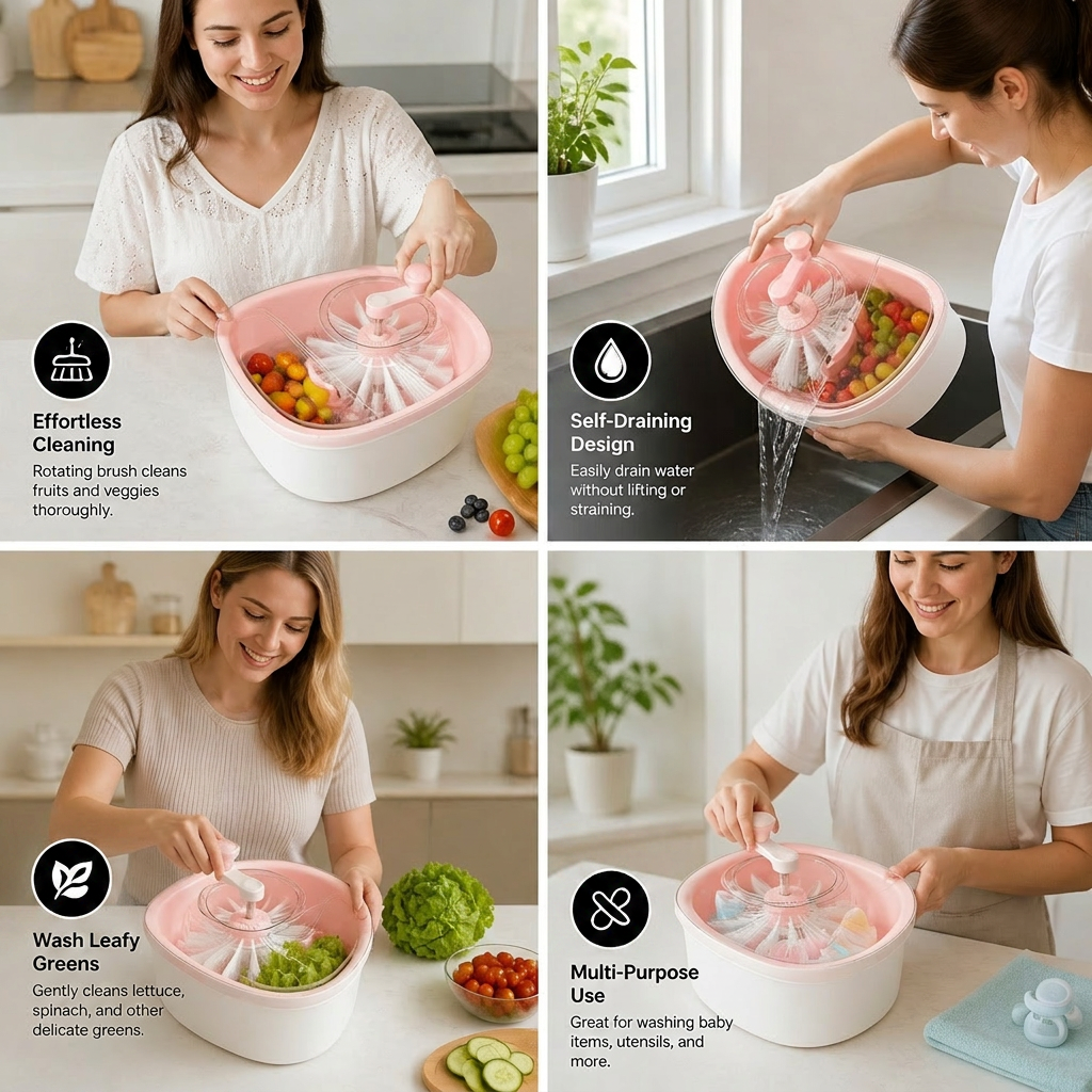 Self Draining Fruit and Vegetable Washing Bowl with Rotating Brush