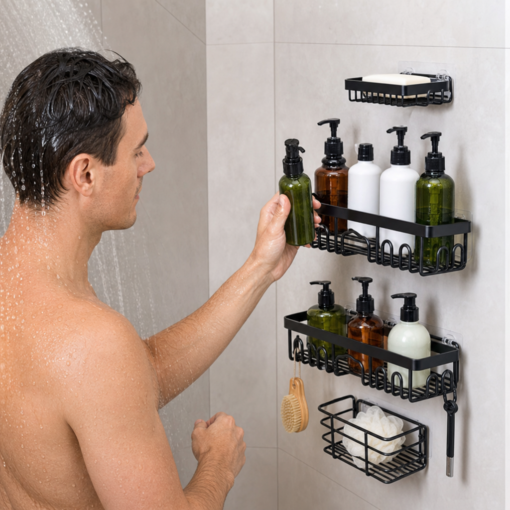 Rustproof No-Drill Shower Caddy Set with Soap Holder