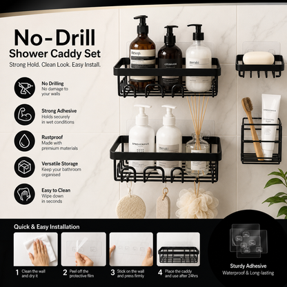 Rustproof No-Drill Shower Caddy Set with Soap Holder