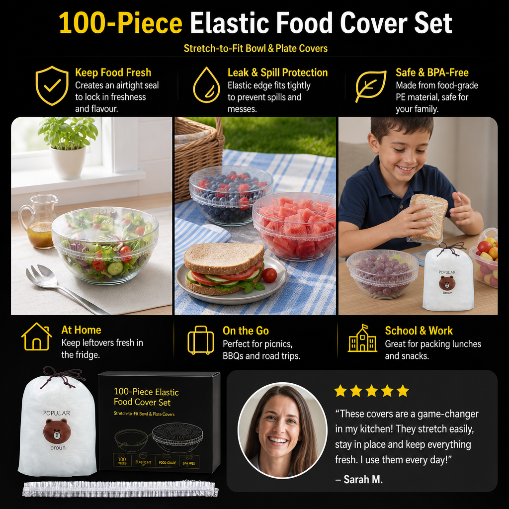 100-Piece Elastic Food Cover Set – Stretch-to-Fit Bowl & Plate Covers