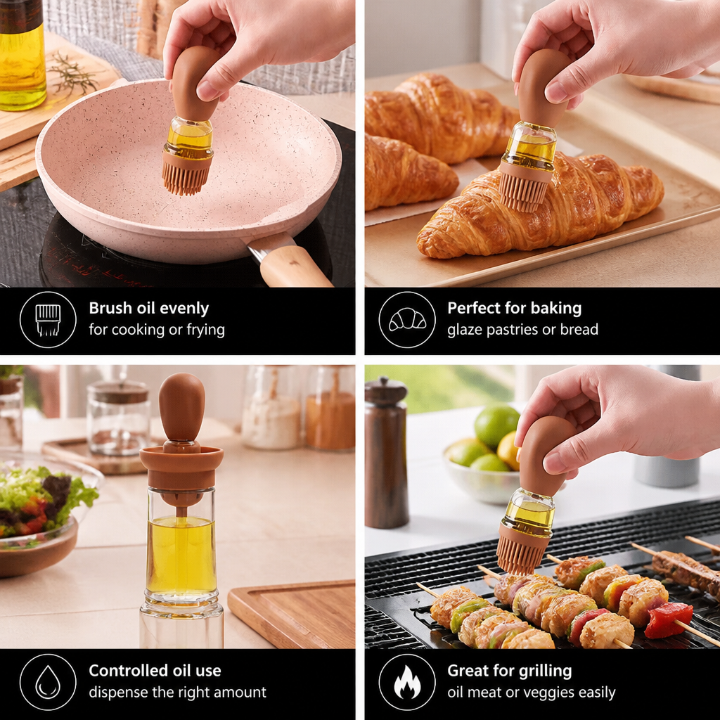Oil Dispenser with Silicone Brush – Precision Bottle for Cooking, Grilling & Baking