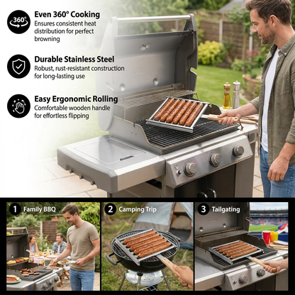 Stainless Steel Sausage Rack – Rollable Grill Holder for Hot Dogs & Sausages