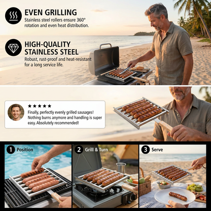 Stainless Steel Sausage Rack – Rollable Grill Holder for Hot Dogs & Sausages