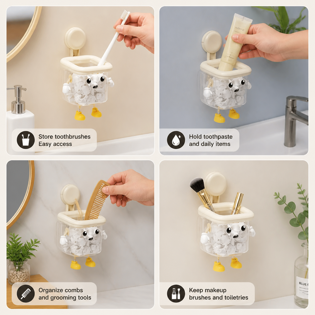 Cute Wall Mounted Toothbrush Holder with Suction Cup for Bathroom Organization