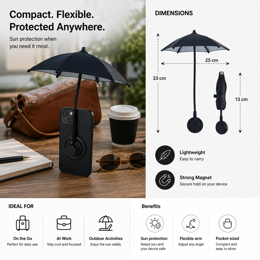 Magnetic Mini Phone Sunshade – Extendable Holder for Flexible Sun Protection on the Go