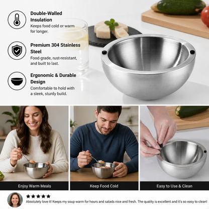 Double-Walled Stainless Steel Bowl for Keeping Food Cold or Warm