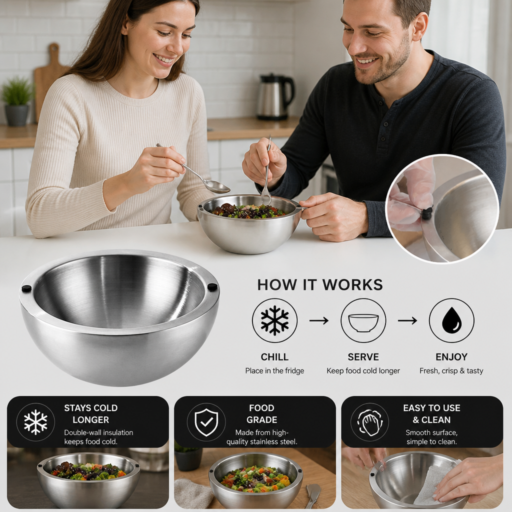 Double-Walled Stainless Steel Bowl for Keeping Food Cold or Warm