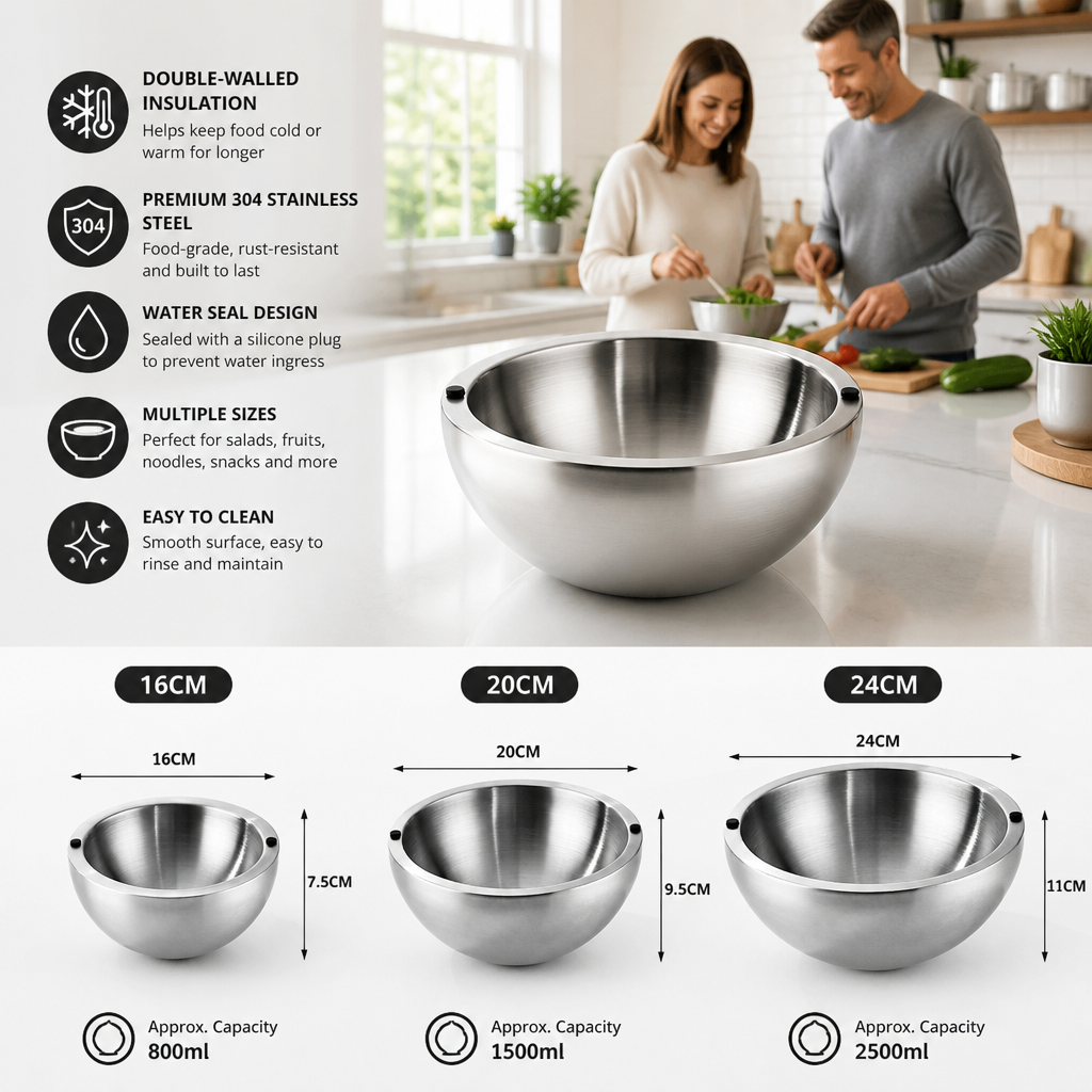 Double-Walled Stainless Steel Bowl for Keeping Food Cold or Warm