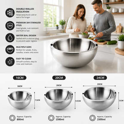 Double-Walled Stainless Steel Bowl for Keeping Food Cold or Warm
