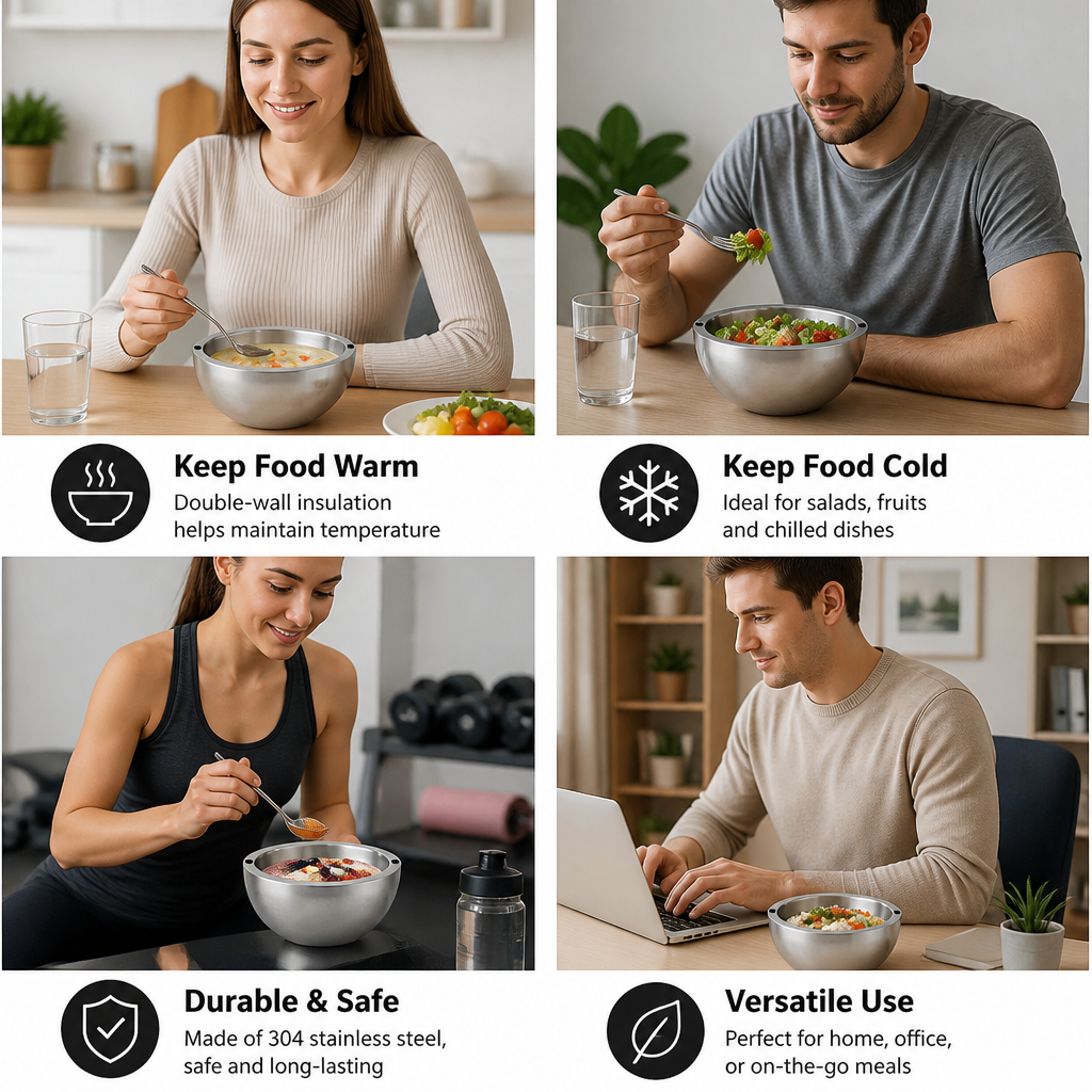Double-Walled Stainless Steel Bowl for Keeping Food Cold or Warm