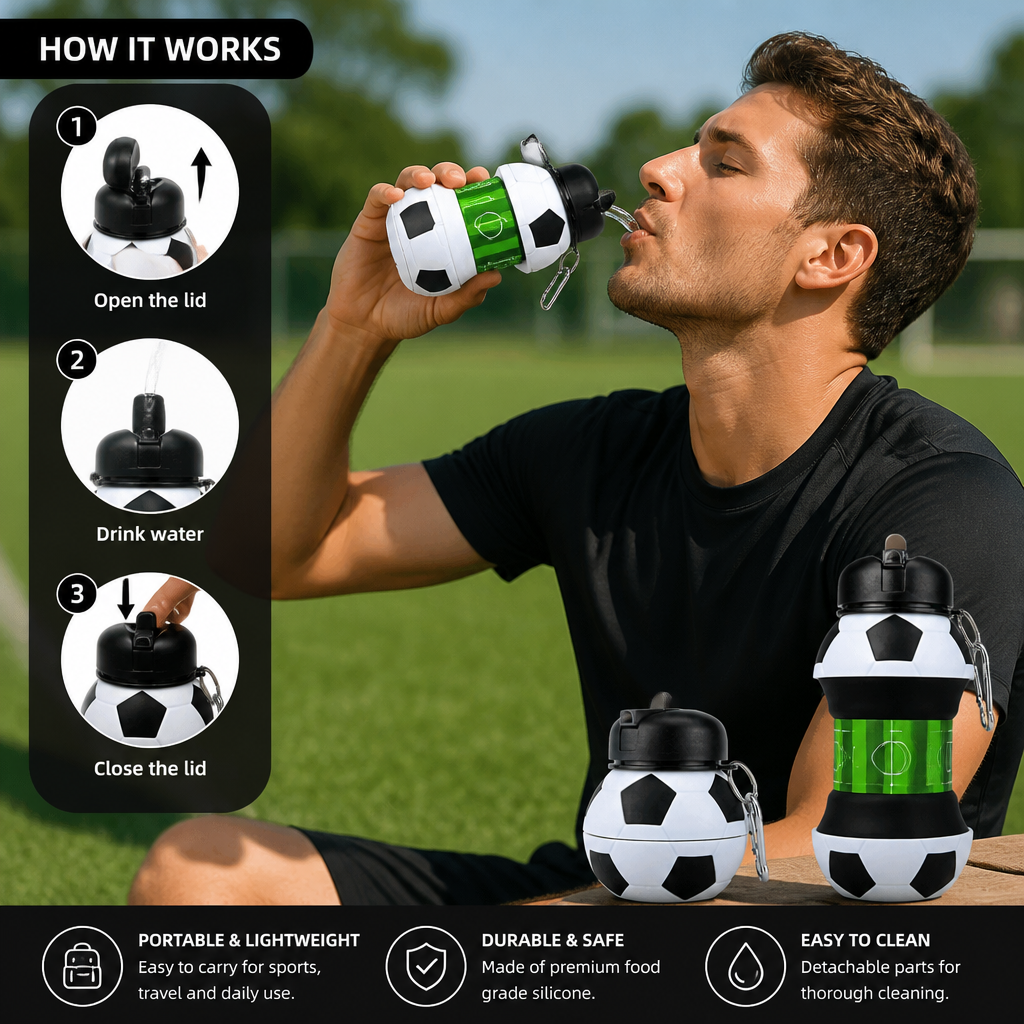 Foldable & Durable Silicone Football Water Bottle