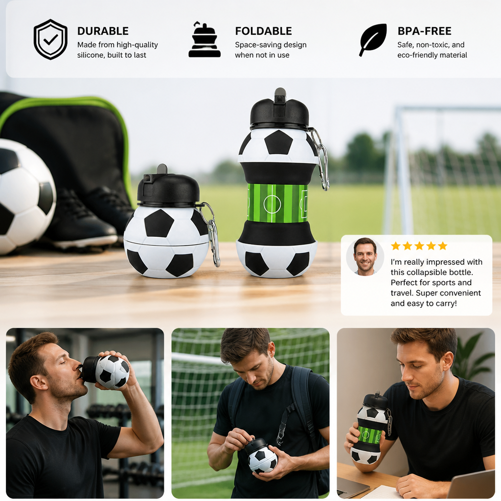 Foldable & Durable Silicone Football Water Bottle