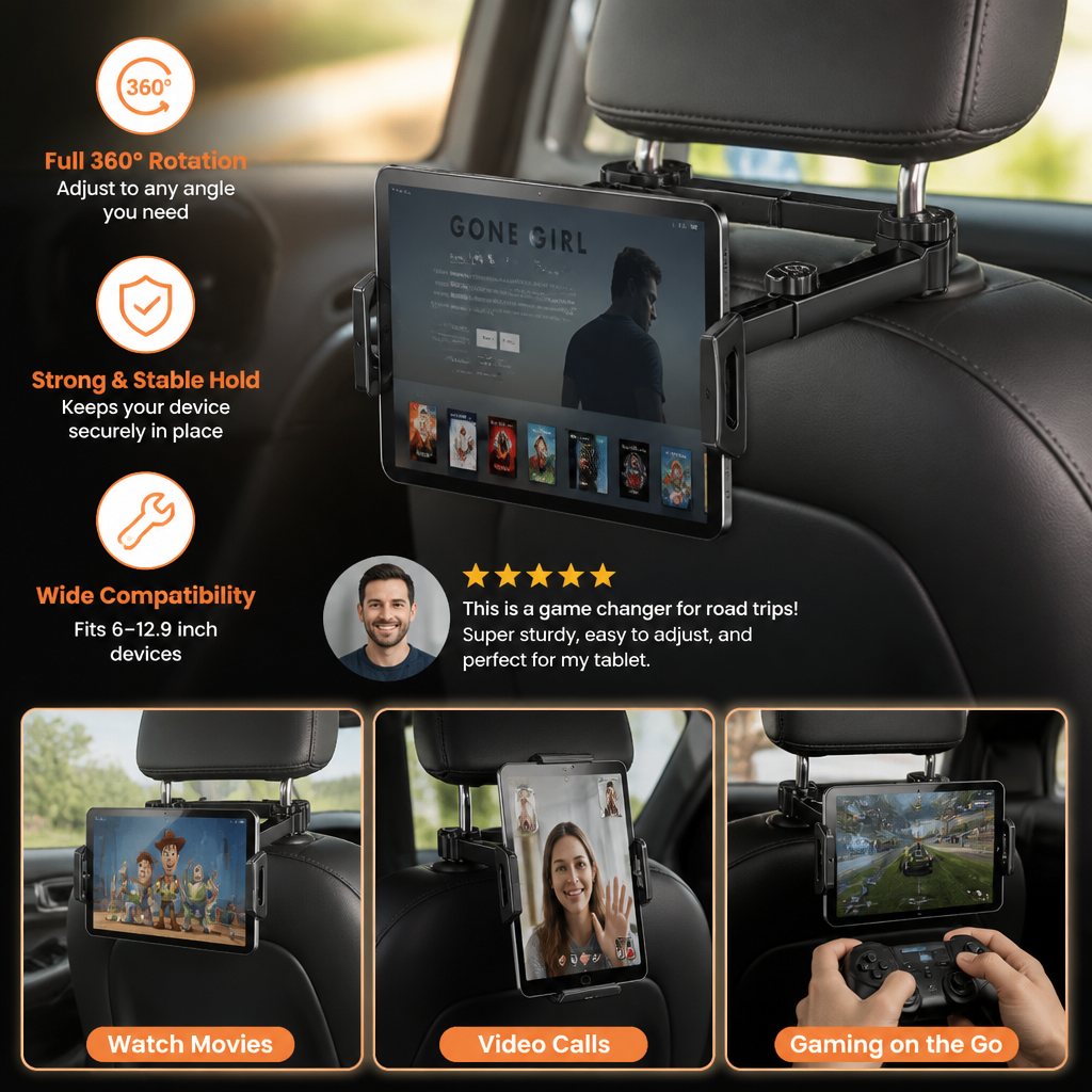 360° Rotating Car Headrest Tablet Holder – Back Seat Mount for Tablets