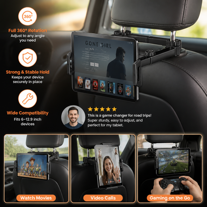 360° Rotating Car Headrest Tablet Holder – Back Seat Mount for Tablets