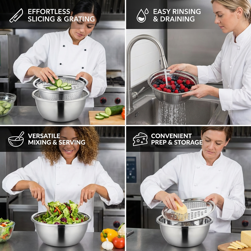 Vegetable Cutter with Grater – Multifunctional Colander and Mixing Bowl Set