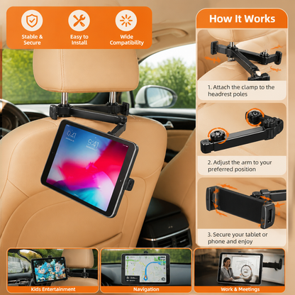 360° Rotating Car Headrest Tablet Holder – Back Seat Mount for Tablets