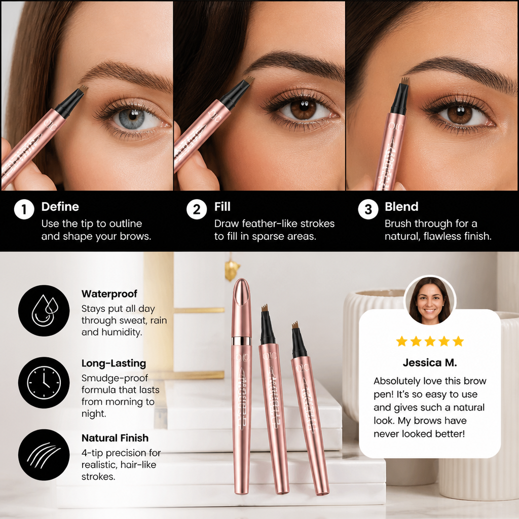 3D Natural-Looking Brow Pen – Waterproof 4-Tip Eyebrow Pencil