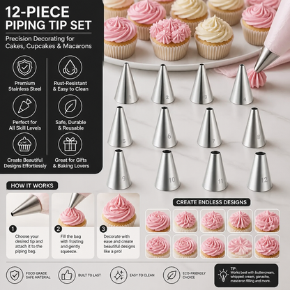 12-Piece Piping Tip Set – Precision Decorating for Cakes, Cupcakes & Macarons