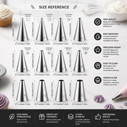 12-Piece Piping Tip Set – Precision Decorating for Cakes, Cupcakes & Macarons