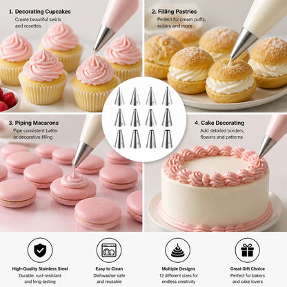 12-Piece Piping Tip Set – Precision Decorating for Cakes, Cupcakes & Macarons
