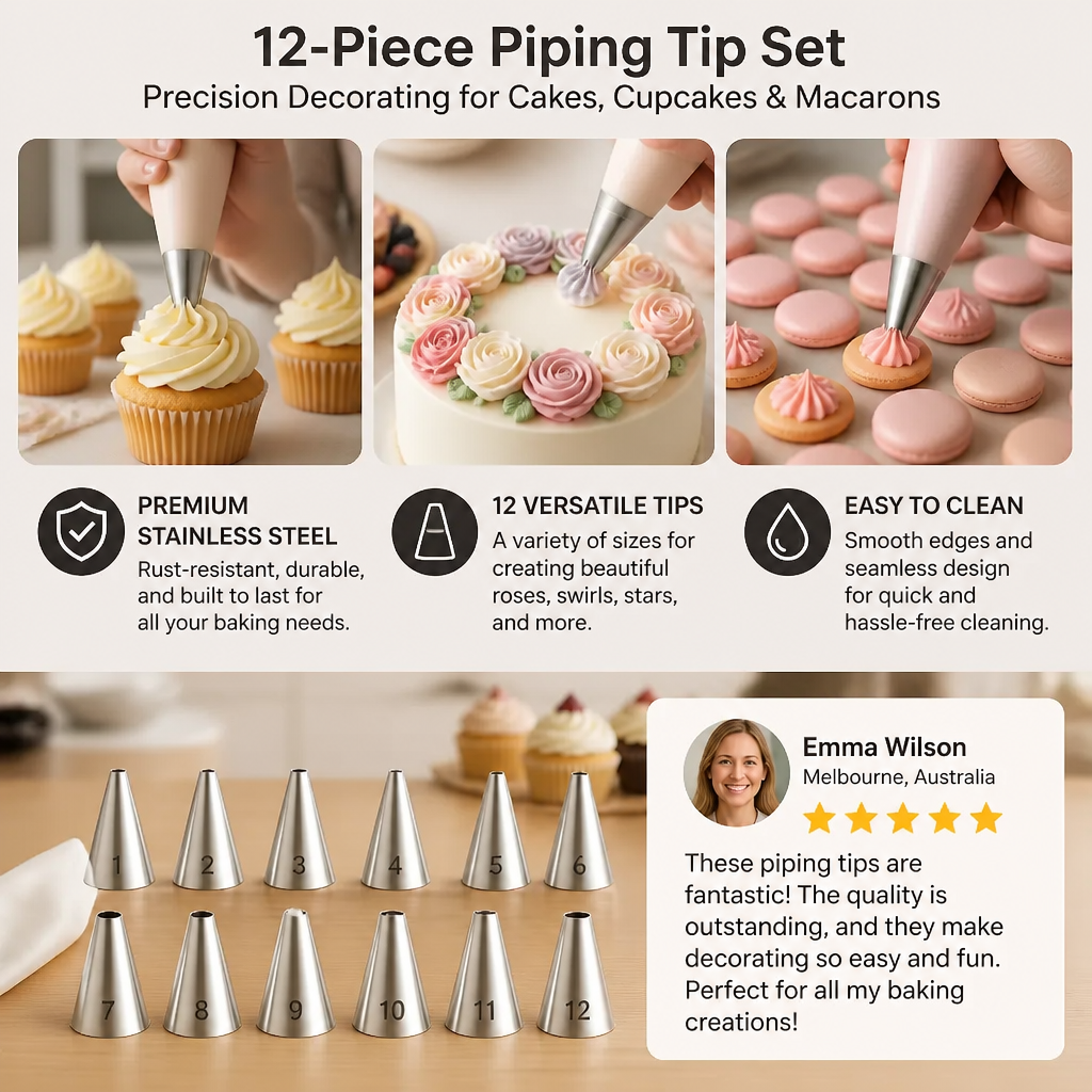 12-Piece Piping Tip Set – Precision Decorating for Cakes, Cupcakes & Macarons