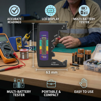 Digital Battery Tester with LCD Display – Capacity Checker for AA, AAA, C, D, 9V & Button Cells