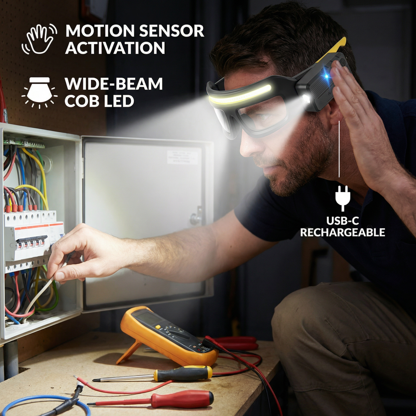 Rechargeable LED Headlamp with Motion Sensor – USB-C Work Light for Professionals