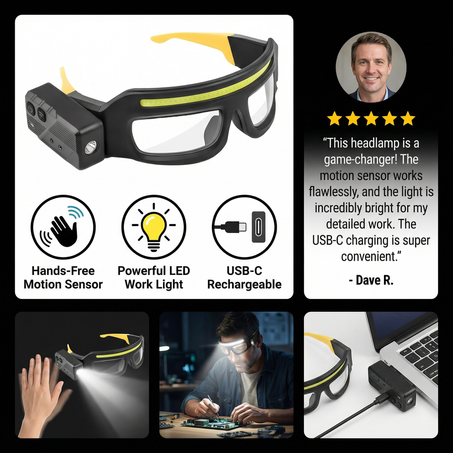 Rechargeable LED Headlamp with Motion Sensor – USB-C Work Light for Professionals