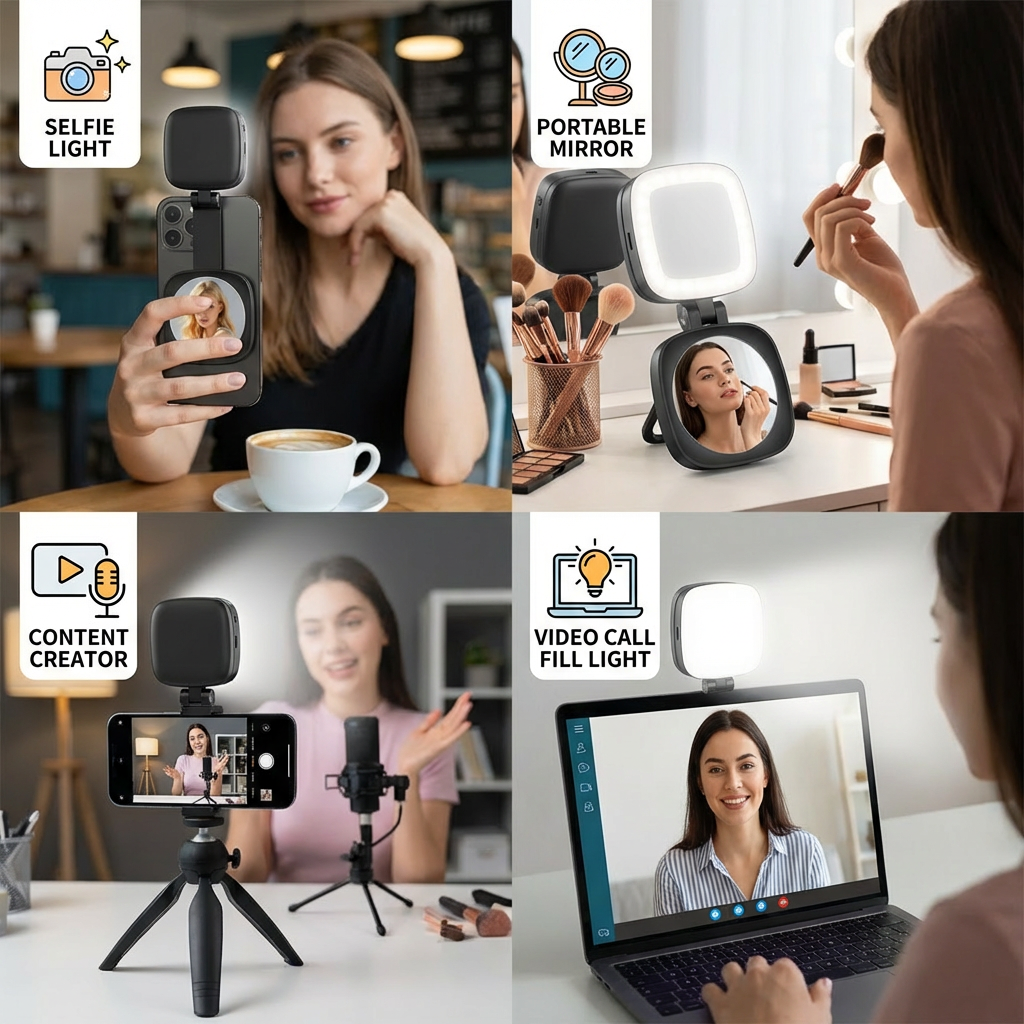Magnetic LED Selfie & Beauty Light for Smartphones – Foldable, Portable with Mirror