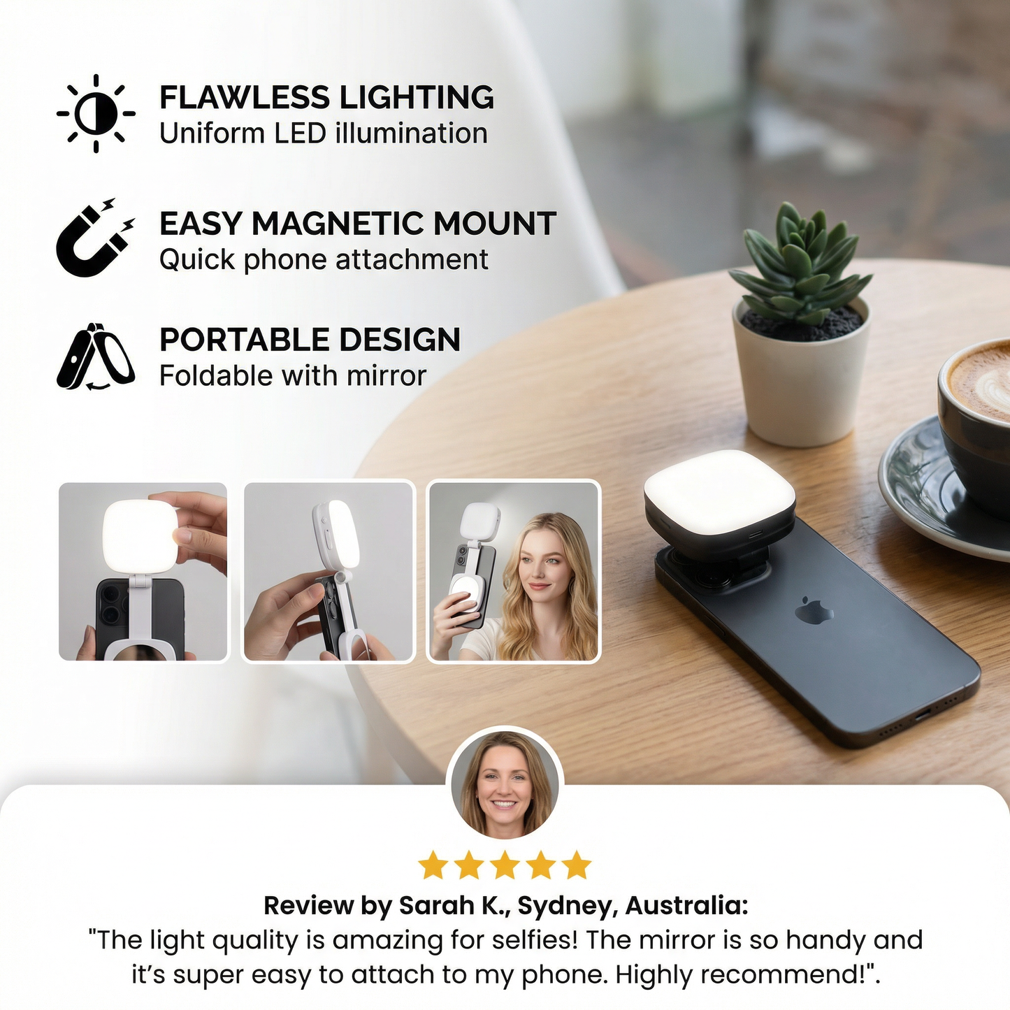 Magnetic LED Selfie & Beauty Light for Smartphones – Foldable, Portable with Mirror