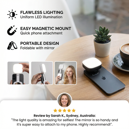 Magnetic LED Selfie & Beauty Light for Smartphones – Foldable, Portable with Mirror