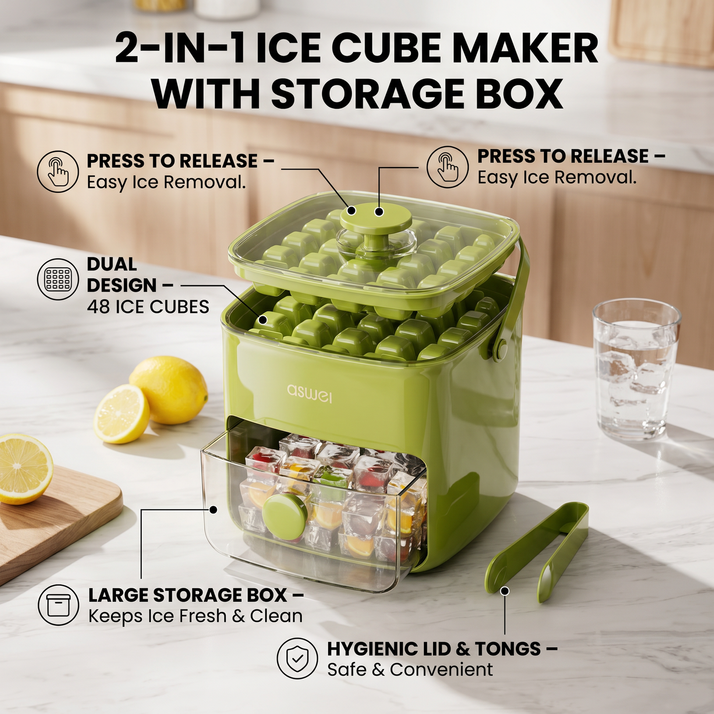 2-in-1 Ice Cube Maker with Storage Box – 48 Ice Cubes, Dual Design