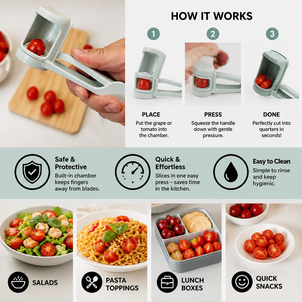 Stainless Steel Grape & Cherry Tomato Cutter – Safe One-Press Quarter Slicer for Toddlers & Kids