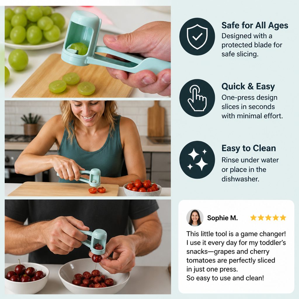 Stainless Steel Grape & Cherry Tomato Cutter – Safe One-Press Quarter Slicer for Toddlers & Kids