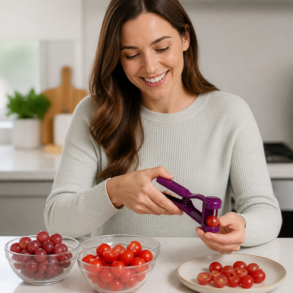 Stainless Steel Grape & Cherry Tomato Cutter – Safe One-Press Quarter Slicer for Toddlers & Kids