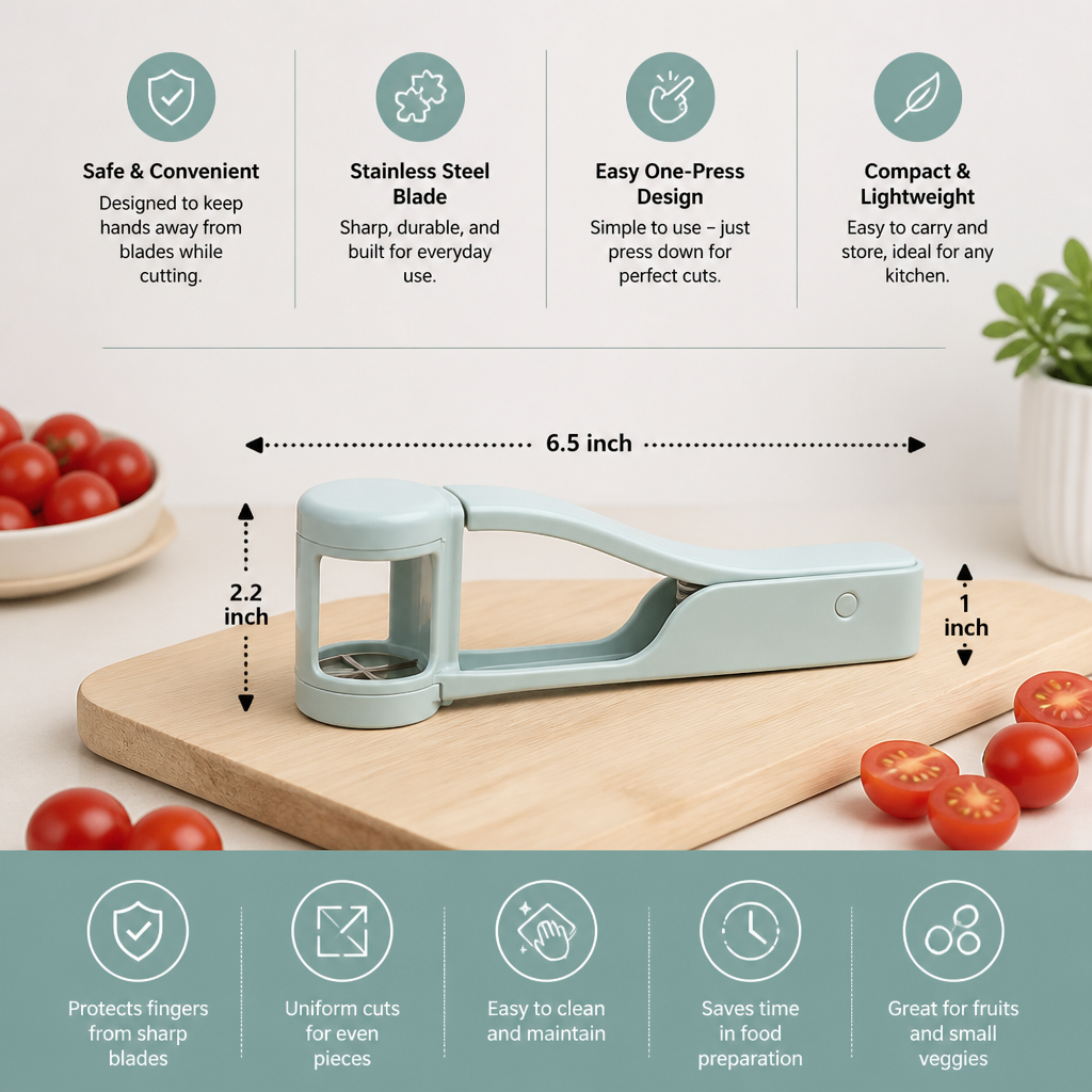 Stainless Steel Grape & Cherry Tomato Cutter – Safe One-Press Quarter Slicer for Toddlers & Kids