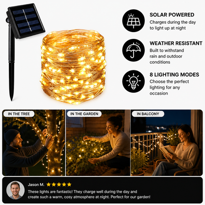 Solar Outdoor String Lights with LEDs & 8 Lighting Modes