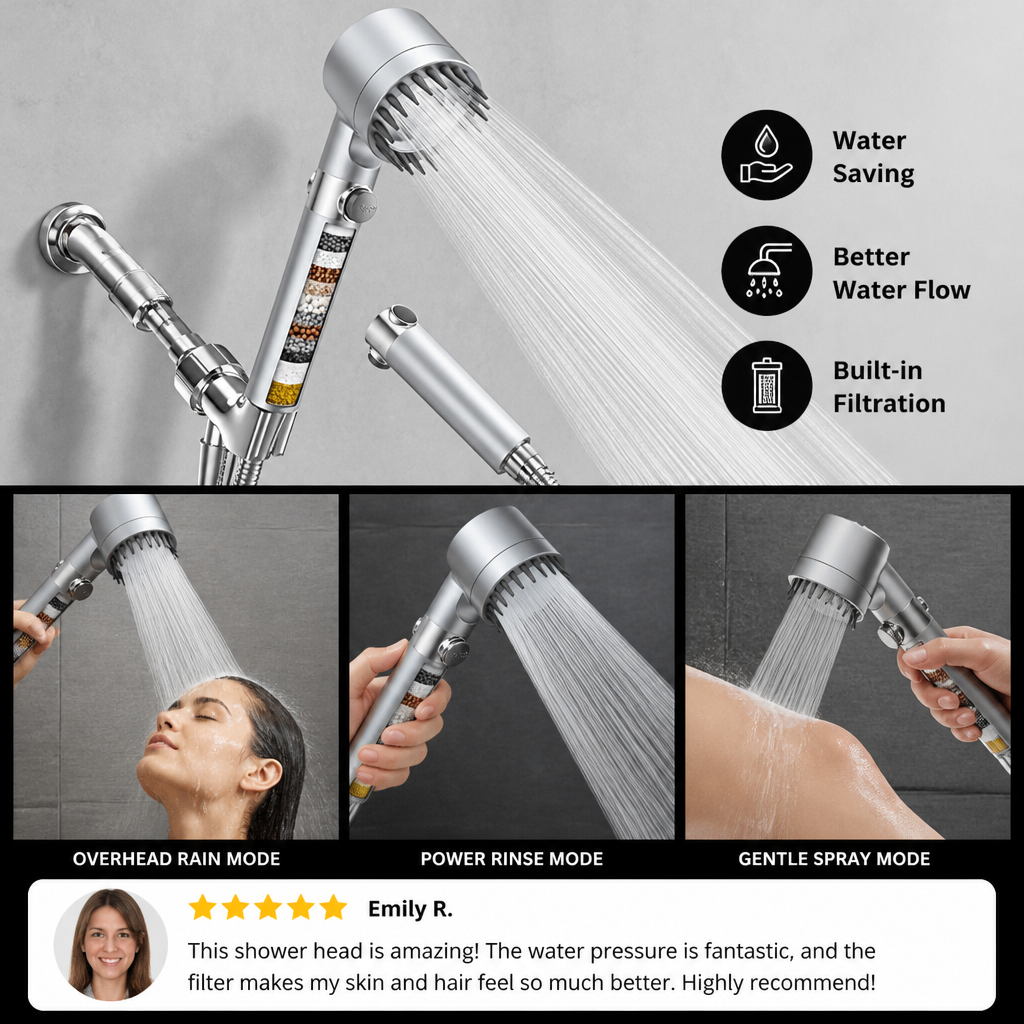 Filtered Shower Head with Multiple Spray Modes & On/Off Switch