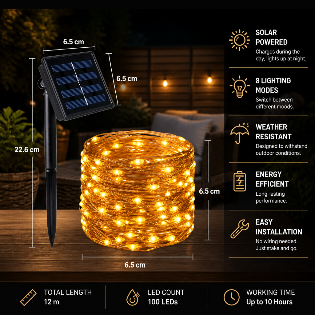 Solar Outdoor String Lights with LEDs & 8 Lighting Modes