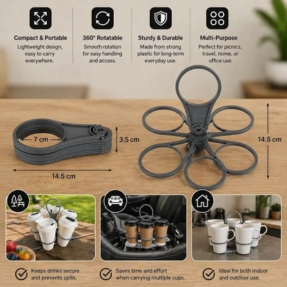 Foldable, Rotating Cup Holder – with 6 slots for glasses & cups, ideal for on the go