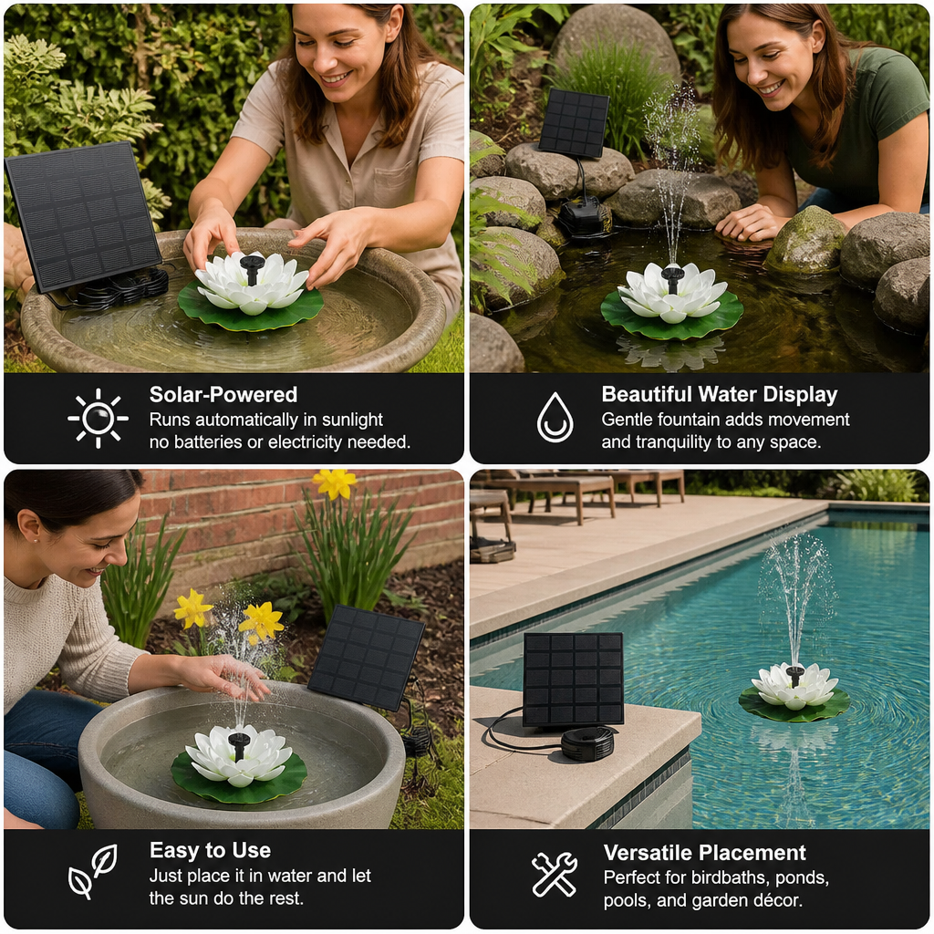 Solar-Powered Lotus Fountain – Floating Garden Fountain for Pool & Pond