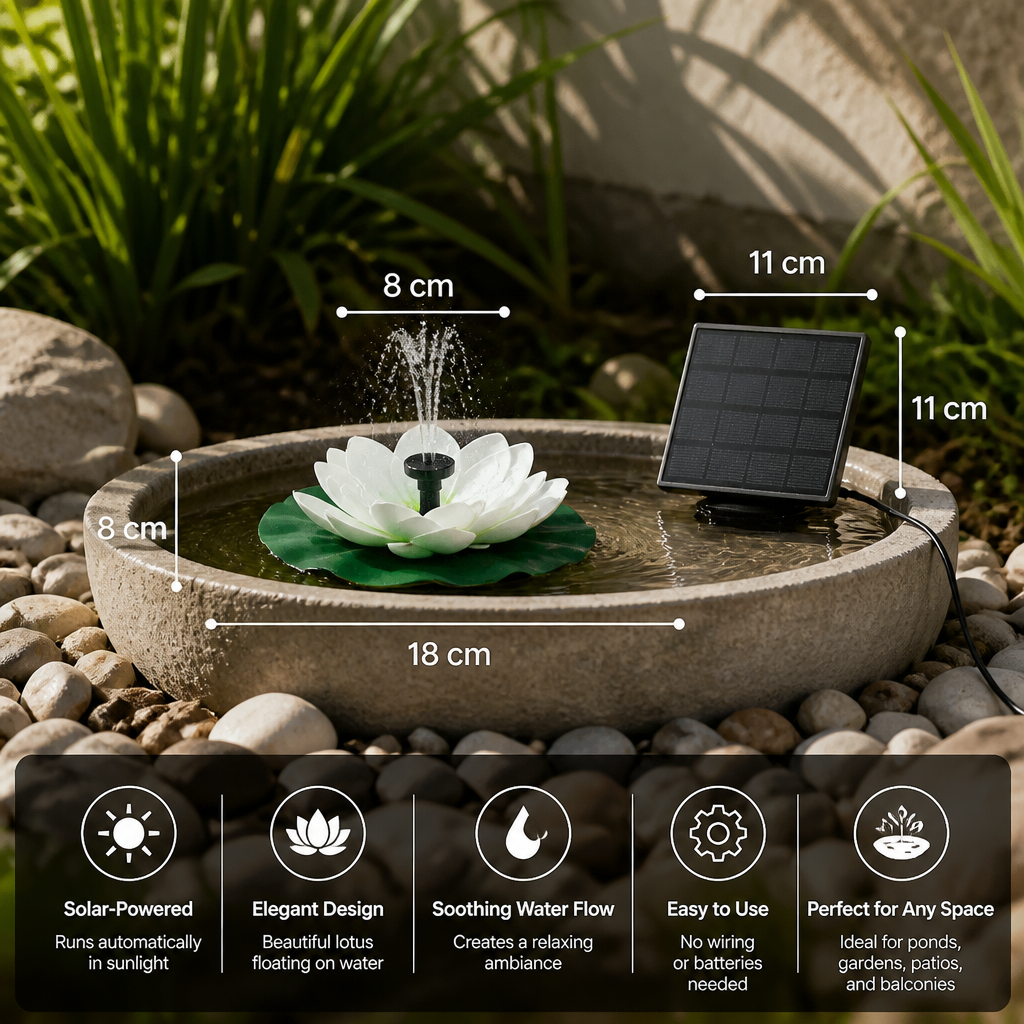 Solar-Powered Lotus Fountain – Floating Garden Fountain for Pool & Pond